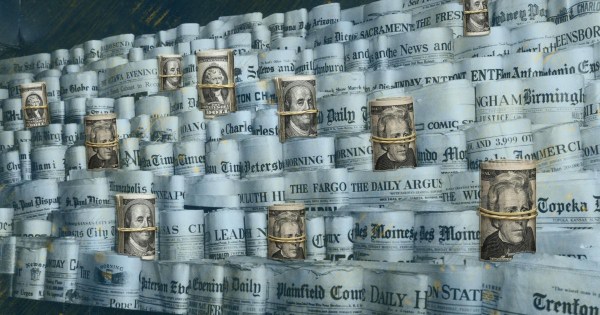 old newspapers paired with rolls of dollar bills to convey the idea of money being invested in journalism