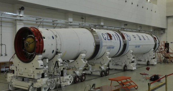 A Long March 11 launch vehicle undergoing assembly ahead of launch from Jiuquan in 2019.